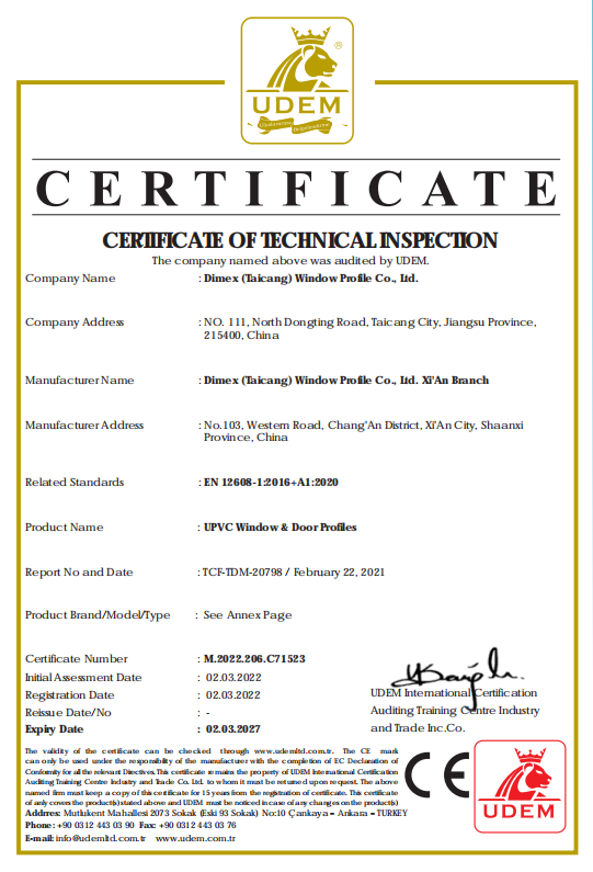 DIMEX UPVC janela e perfis de porta certificados com CE
